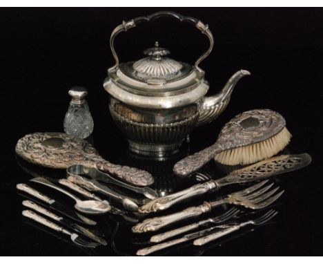 A parcel lot of assorted silver and other items to include silver backed mirror, brushes, silver fish servers, letter opener,