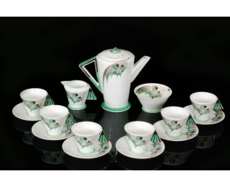 A 1930s Art Deco Shelley Mode shape coffee set designed by Eric Slater and decorated in the Green Butterfly Wing pattern, com