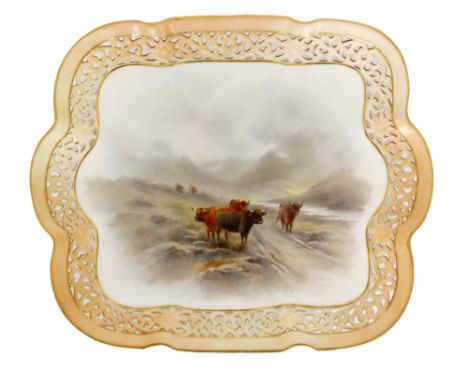 A late 19th Century Royal Worcester square dish decorated by John Stinton with hand painted Highland cattle in a mountainous 