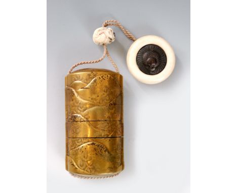 An early 19th Century five case inro, the fundame gold and cut black ground with rolling hills and young pines, length 9cm, w