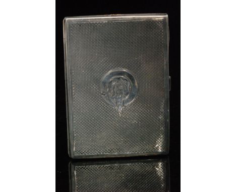 A Victorian hallmarked silver rectangular card or aide memoire with engine turned decoration and blue silk lined interior, iv