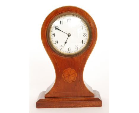 An Edwardian line inlaid mahogany balloon mantle clock with circular Arabic numeral dial, height 23cm
