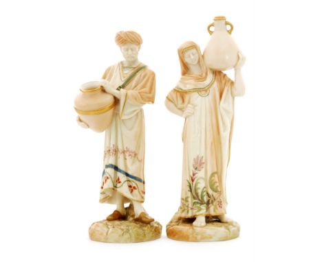 A pair of early 20th Century Royal Worcester blush ivory figures modelled as miniature Cairo Water carriers, model 1250, gree