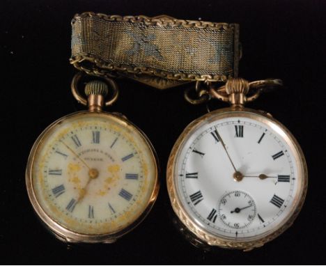 A Continental 9ct ladies open faced fob watch, white enamel dial with Roman numerals, gilt highlights and foliate engraved ca