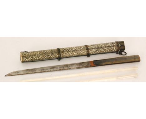 A late 19th to early 20th Century Japanese chopstick set, shagreen on timber with brass mounts and collars accommodating ivor