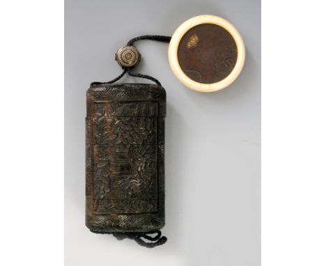 A late 18th Century carved wood four case inro in the Chinese style, one side decorated with poet Li Peh admiring a waterfall