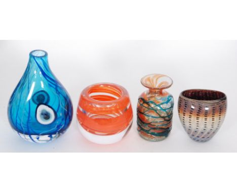 A group of 20th Century studio glass comprising a Topglass vase of compressed form with mottled lilac decoration over the dee
