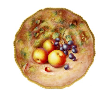 A Royal Worcester Fallen Fruits cabinet plate decorated by Freeman with hand painted apples and black grapes, signed, black p