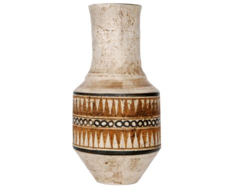 A Troika Pottery Urn vase decorated with a brown and black geometric band against a brown wash ground, painted St Ives mark w