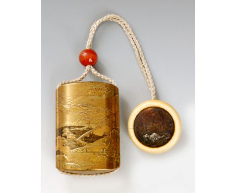 A mid 19th Century five case inro decorated in togidashi, gold tkamakie and kirigane with a village beside a lake nestling in