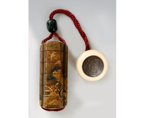 An 18th Century five case inro, the tall hexagonal body with pronounced cord tunnels decorated in gold and coloured takamaki 