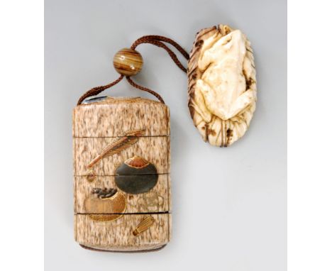 A 19th Century bone three cased inro the bone with black and tan streaks lacquered to one side with tea ceremony objects in r