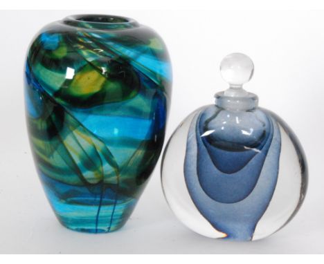A contemporary studio Sommerso glass scent bottle by David Wallace of compressed spherical form with three amethyst casings w