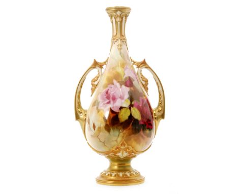 A large early 20th Century Royal Worcester twin handled vase decorated by Jarman with hand painted crimson and pink roses wit