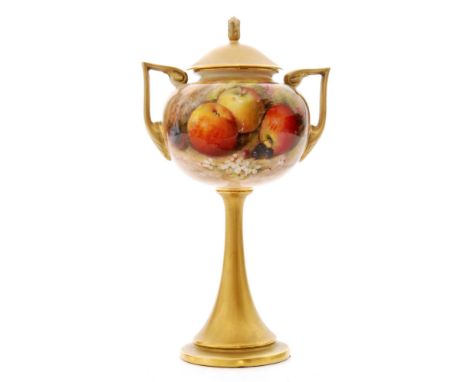 A 1920s Royal Worcester Fallen Fruits shape 2736 twin handled chalice vase and cover panel decorated by Ricketts with hand pa