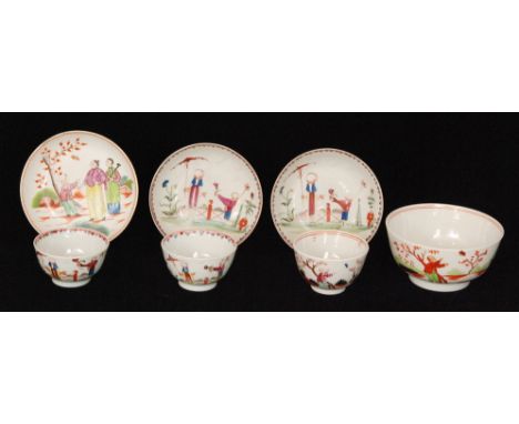 Three 19th Century Newhall teabowls and saucers each decorated in pattern 20 with Chinoiserie scenes of figures in a garden, 