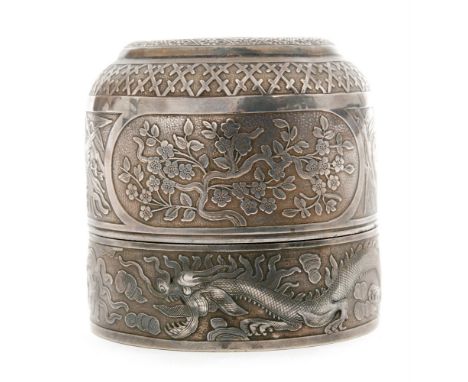 A Chinese silver opium lamp, the cover decorated with a stylised dragon over panels of fauna and exotic birds to the sides, h
