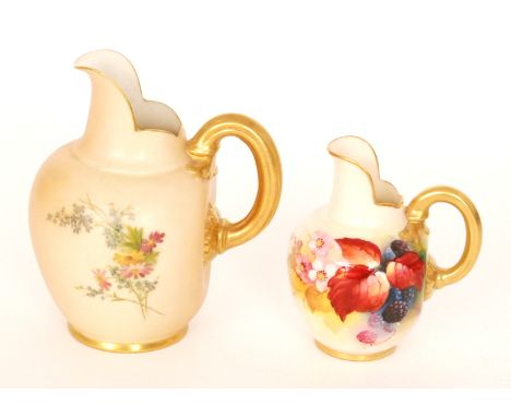 A Royal Worcester shape 1094 flatback jug decorated by Kitty Blake with hand painted autumnal leaves and blackberries, signed
