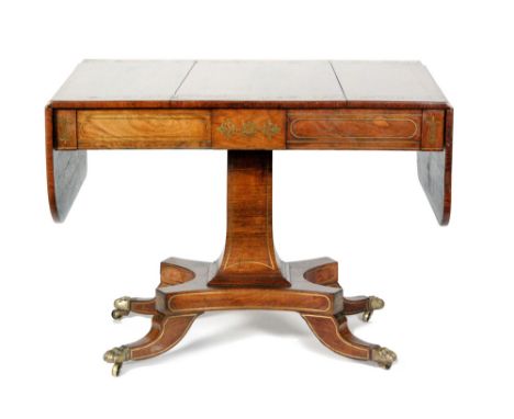 A 19th Century rosewood drop leaf sofa or centre table, with inlaid brass foliate detail, the two frieze drawers above a pede