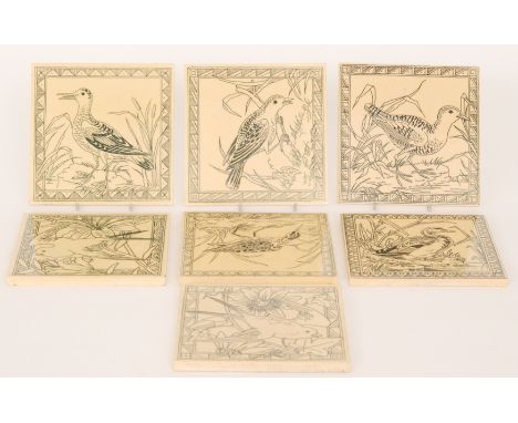 A set of seven late 19th Century Minton Hollins & Co waffle back 6in dust pressed tiles from the Bird series, each decorated 