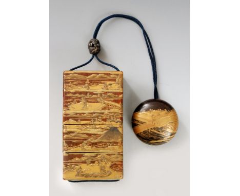 An early 19th Century three case inro of rectangular section, the rosewood body decorated in various gold lacquers with a cro