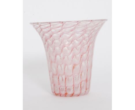 A 1930s Nazeing glass vase of flared form decorated with a pink and opal lattice intersected with a controlled air bubble mes