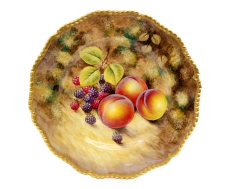 A Royal Worcester Fallen Fruits cabinet plate decorated by Smith with hand painted peaches and black berries, signed, black p