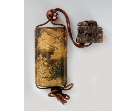 An early 19th Century six case inro finely decorated with torrents and waterfall to a mountainous forest landscape in gold hi