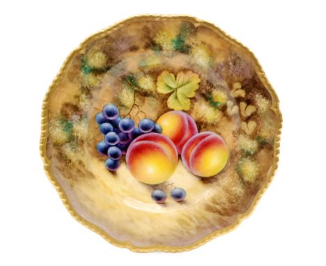 A Royal Worcester Fallen Fruits cabinet plate decorated by Smith with hand painted peaches and black grapes, signed, black pr