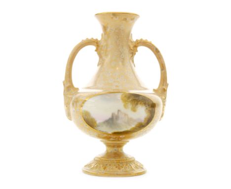 An early 20th Century Royal Worcester shape 2021 twin handled vase decorated with a hand painted roundel by Rushton depicting