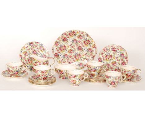 A Royal Winton chintz Summertime pattern part tea set comprising six teacups, six saucers, six side plates, a cake plate, mil