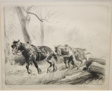 GEORGE SOPER (1870 - 1942) - Hauling Timber, soft ground etching, signed in pencil and numbered 9/24, framed, 27cm x 32cm