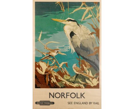 RICHARD BARRETT TALBOT KELLY (1896-1971) -  'Norfolk, see England by Rail' -   Heron and Bearded Tits, - a British Rail poste