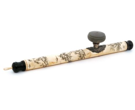 A Chinese bone opium pipe of scroll type section decorated with characters in landscape scenes with embossed plated saddle an