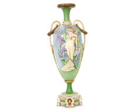 An early 20th Century Royal Worcester Art Nouveau shape 1686 pedestal vase, the body decorated with a hand painted maiden dre