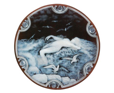 Aphrodite Rising from the Waves - A cameo glass plaque by George Woodall completed circa 1920.The circular plaque cased in op