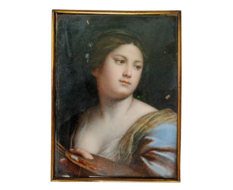 CHARLES CARUSON (LATE 19TH CENTURY) - Portrait of a woman holding an artist's palette, watercolour miniature on ivory, signed