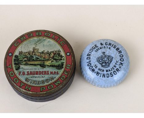 Blue button pot lid from Wooldridge &amp; Grisbrook chemists, Windsor, along with a rare un-opened and sealed pictorial tin o