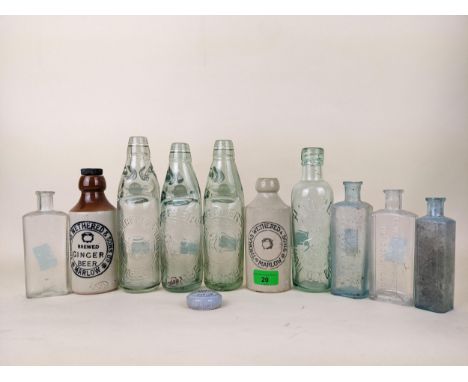 A mixed group of bottles from Marlow, High Wycombe, Beaconsfield, etc plus a blue button 'Dermacea' pot lid from W. Duplock, 