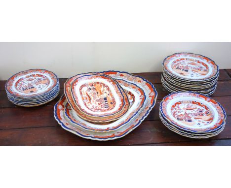 Victorian Ashworth Real Ironstone chinoiserie decorated part dinner service with 2 shaped rectangular dishes, Ws.49 and 38cm,