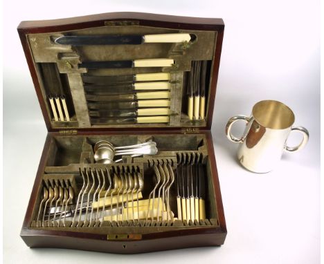 Silver plated loving cup by R H, R H, retailed by Field, Cheapside, H.18.3cm; Part canteen of cutlery in an inlaid mahogany c