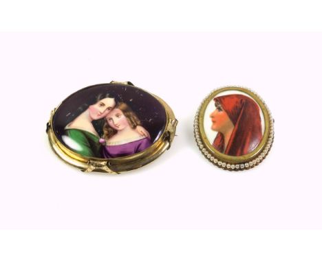 Victorian pinchbeck oval brooch inset with a porcelain panel painted with 2 young women, 5.9 x 7cm, and a later French Limoge