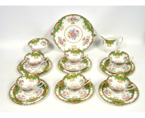 Shelley Sheraton Green Pattern part tea service for 6 settings, No.13290, comprising 6 teacup, saucer and plate trios, milk j