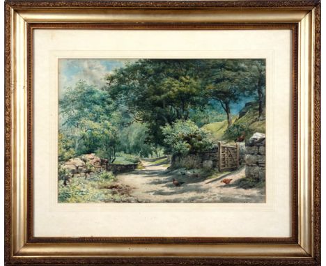 English School, Early 20th Century, Rural dirt track with a gate, cockerel, hens, and trees, indistinctly signed lower right 