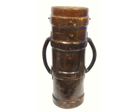Large World War I leather shell carrier with 2 carrying handles, impressed mark "J. A. H." above a Broad Arrow and "N", and a