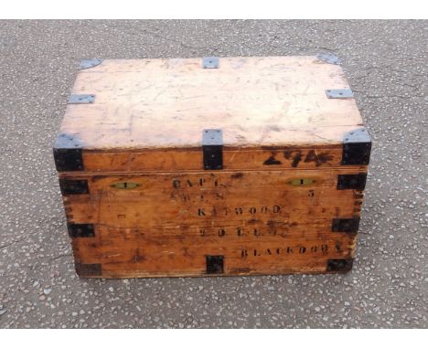Victorian pine campaign chest inscribed "Capt. R T S Kitwood 2 D. C. L. _?, Blackdown", the hinged top enclosing a metal line