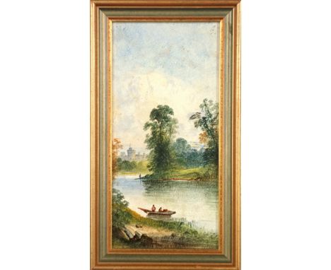 Edwardian rectangular ceramic tile painted with the River Thames, 2 figures on a boat, trees, and Windsor Castle beyond, 29.8
