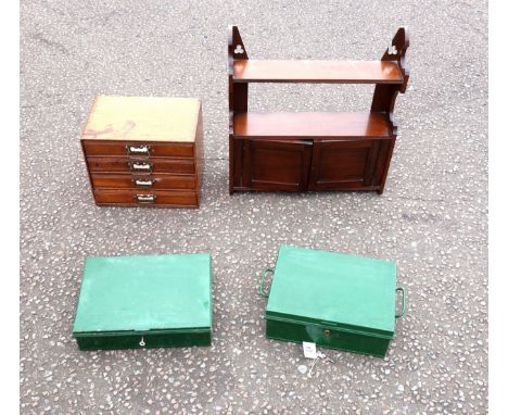 Edwardian walnut hanging cabinet with 2 panelled doors and a shelf above, W.57.5cm, (a/f); table top oak chest with 4 drawers