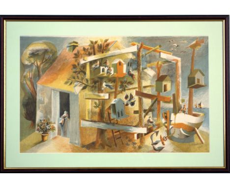 Hans Tisdall (1910-1997), "Fisherman's Hut", with birds in bird boxes by the coast, lithograph in colours, 42 x 68cm; Nkosila