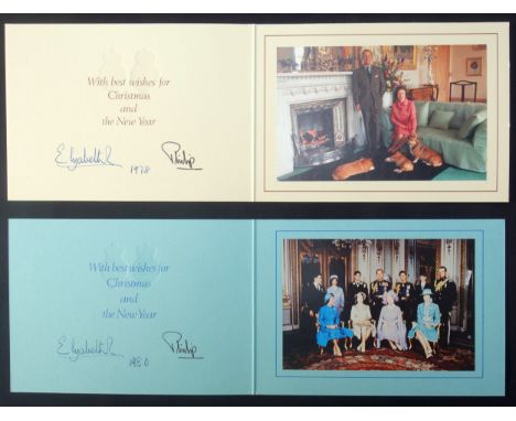 H.M. Queen Elizabeth II and H.R.H. Prince Philip, Duke of Edinburgh, Christmas cards, each with two gilt royal cyphers to cov